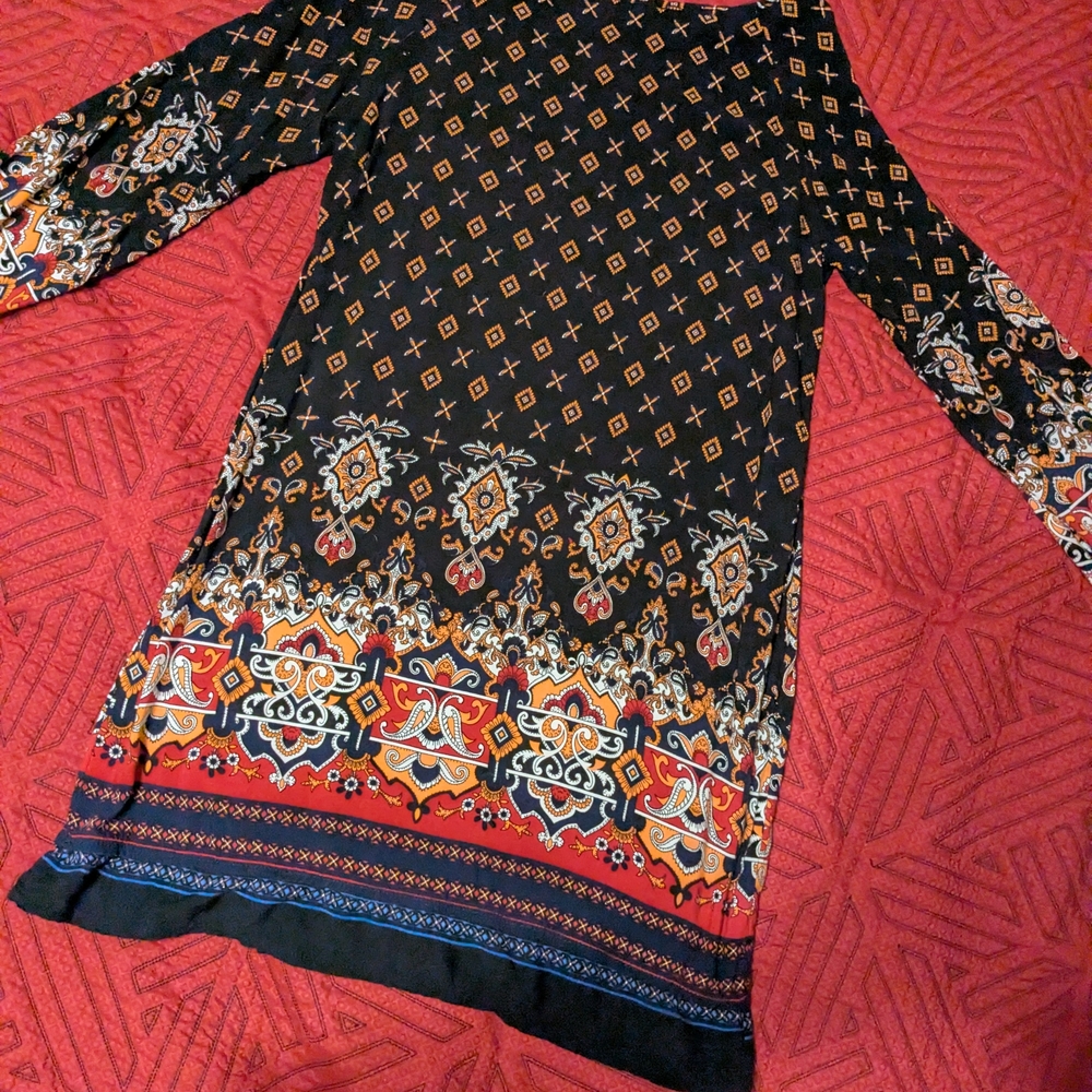 Boho Black and Red Patterned Dress, Medium